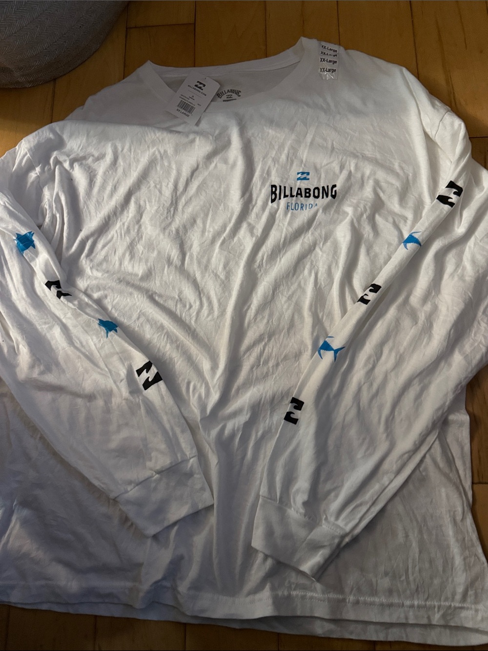 Billabong White Long Sleeve Tee with Blue Logo and Sleeve Graphics
